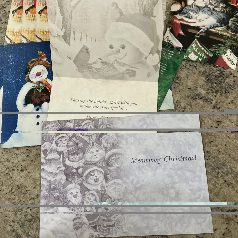 Christmas Mixed Tree-Free Greeting Cards Set Of 14 NO Envelopes Snowmen Kittens